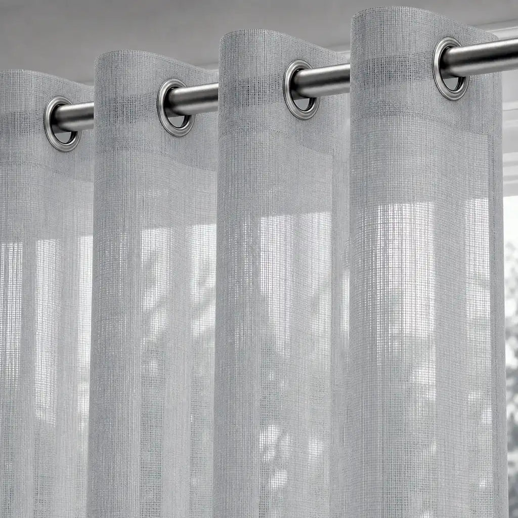 Ella Feather sheer eyelet curtain close-up with silver eyelets