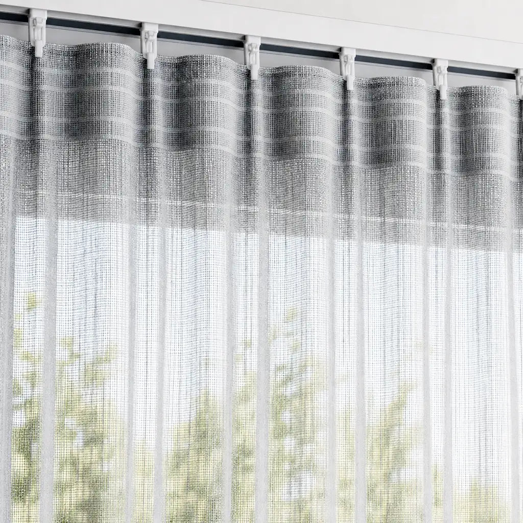 Ella Feather sheer taped curtain close-up with linen-look texture