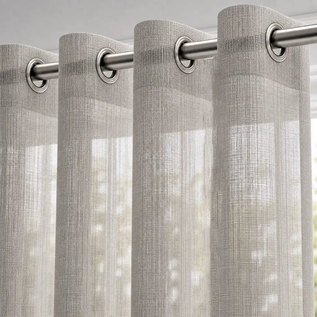 Ella Stone sheer eyelet curtain close-up with silver eyelets