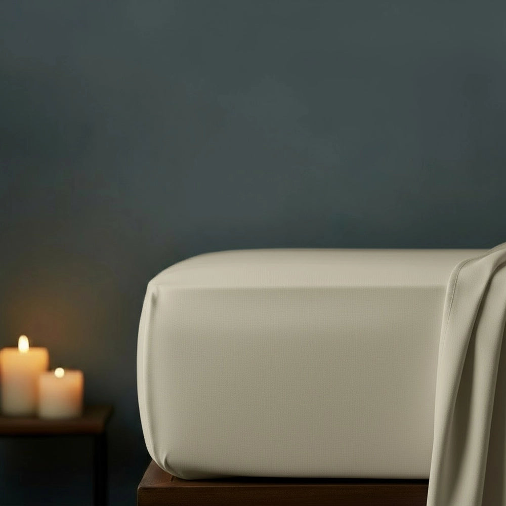 Cream fitted sheet on bed with candlelight ambiance against moody dark grey wall—premium cotton percale fitted sheet by Linen & Co
