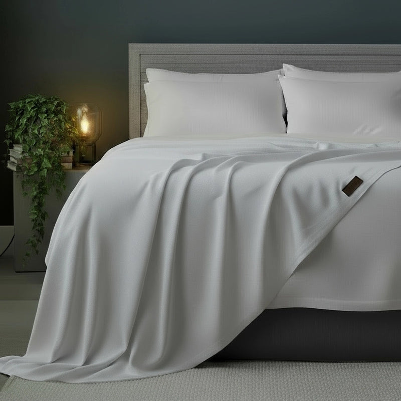 White flat sheet draped over grey bed frame with white pillows, styled with olive plant and bedside lamp against moody dark teal-grey wall—premium cotton percale flat sheet by Linen & Co