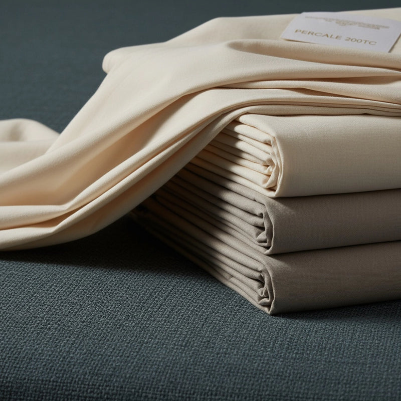  Folded 100% cotton percale 200TC bed linens in cream and stone on dark teal background - Linen and Co premium hospitality bedding