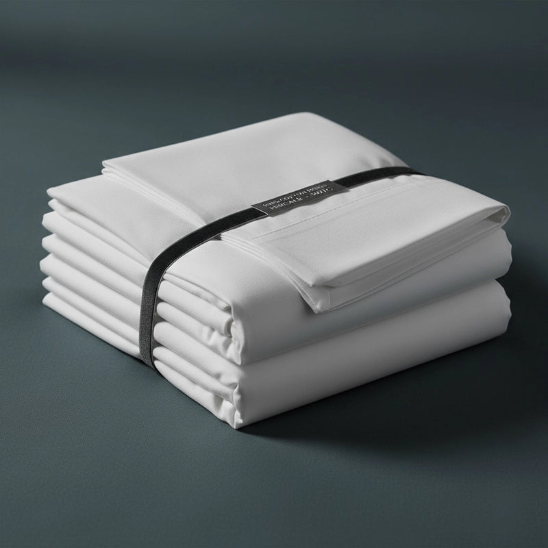 Folded 100% cotton percale 300TC luxury bed linens in white on moody teal background - Linen and Co premium extra-long staple cotton bedding