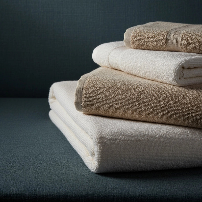Luxury stacked bath towels and bath mats in white and cream on moody teal background - Linen and Co hospitality-grade bathroom linens