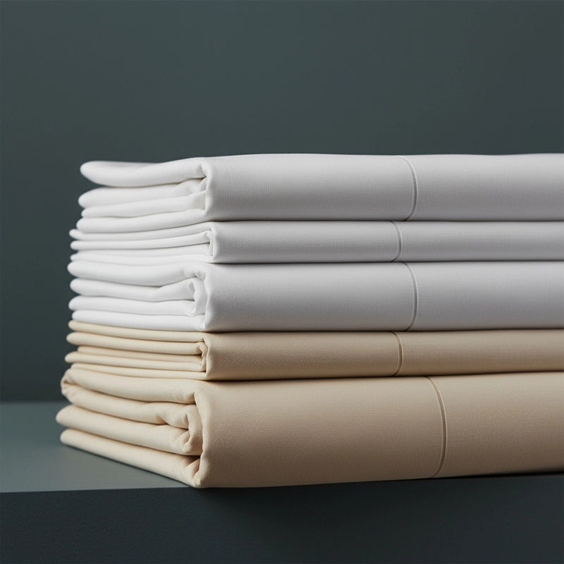Folded polycotton percale 200TC bed linens in white and cream on dark teal background - Linen and Co durable hospitality bedding