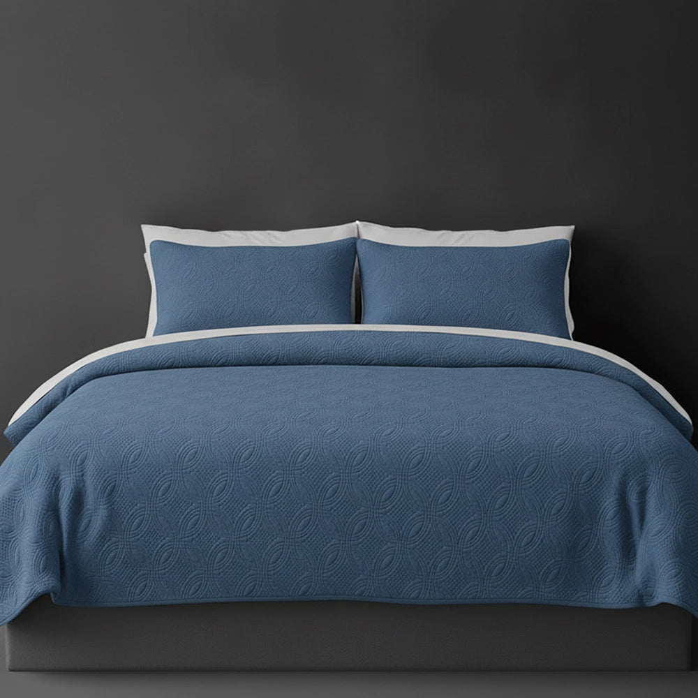 French Blue Munich  bedspread on bed by Linen and Co - luxury hospitality bedspread with textured finish