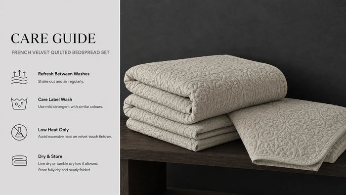 Care notes imagery for French Velvet Quilted Bedspread Set