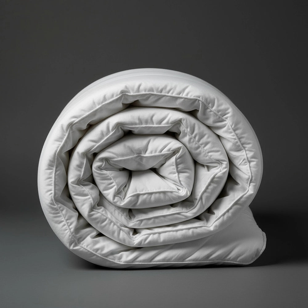 Rolled white Hungarian goose down duvet inner on dark grey background—premium luxury down comforter by Linen & Co