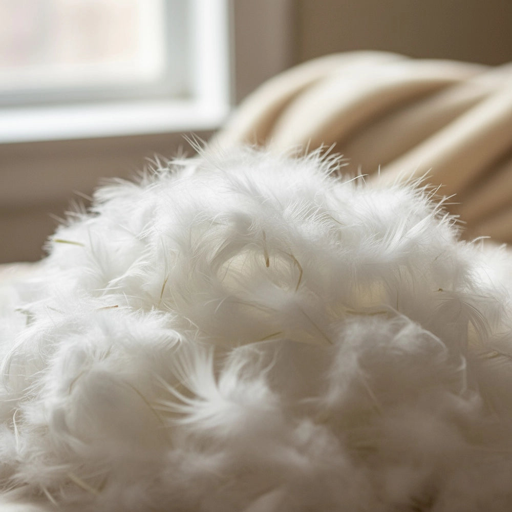 Close-up of premium white goose down filling showcasing soft, luxurious feather texture and superior quality hospitality-grade pillow material by Linen & Co