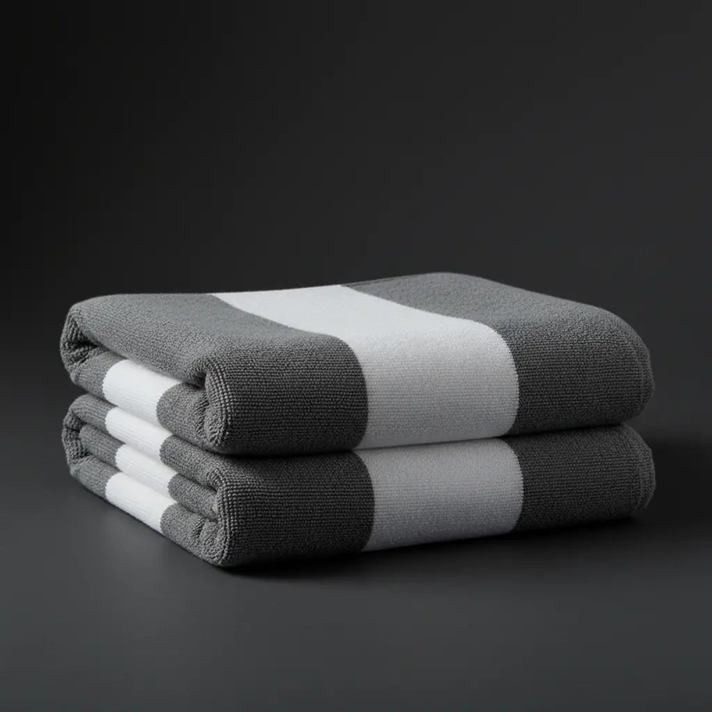 Grey and white broad stripe pool towel by Linen and Co - hospitality pool towel
