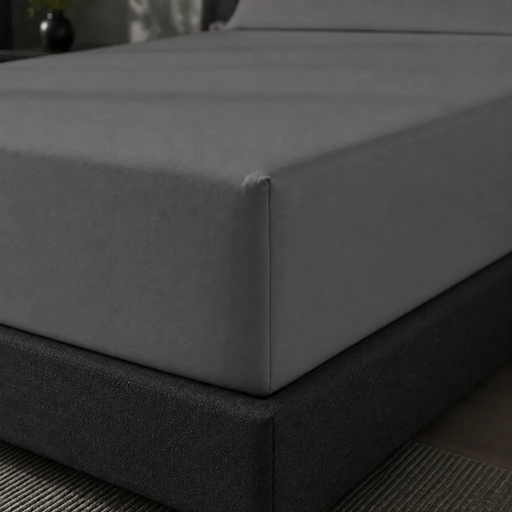 Grey Cotton Percale 200TC Fitted Sheets fitted mattress corner detail - Linen and Co
