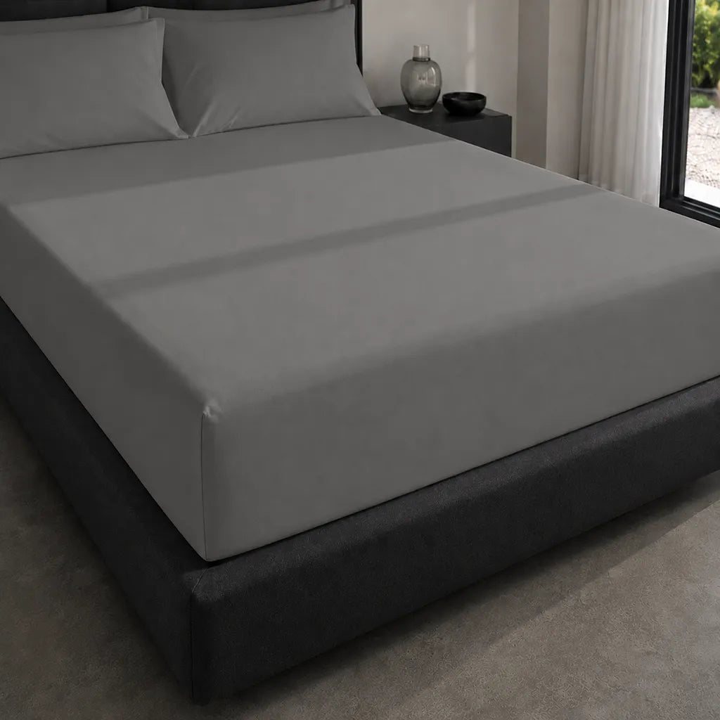 Grey Cotton Percale 200TC Fitted Sheets on mattress - Linen and Co
