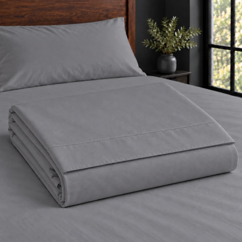 grey cotton percale 200tc flat sheet, plain no satin stitch — construction — Linen and Co