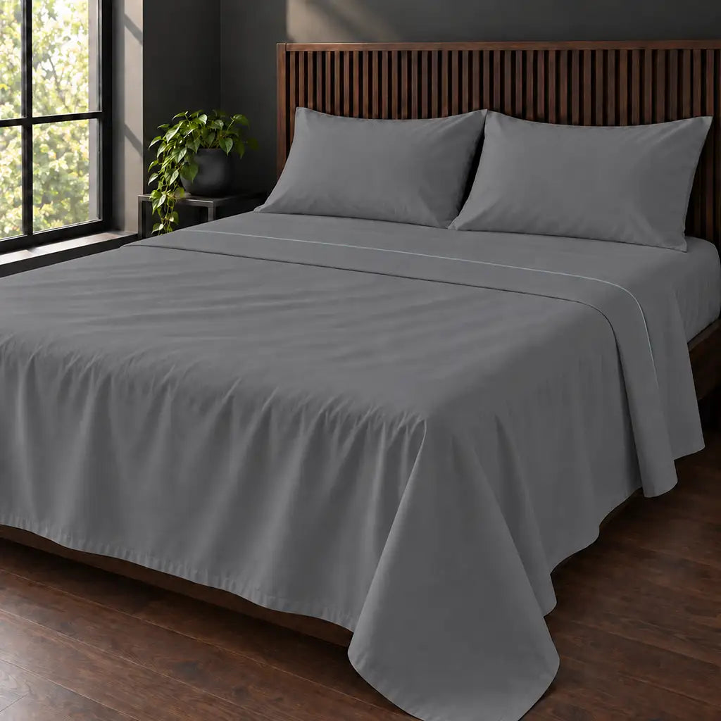 grey cotton percale 200tc flat sheet, one row duck egg satin stitch — hero — Linen and Co