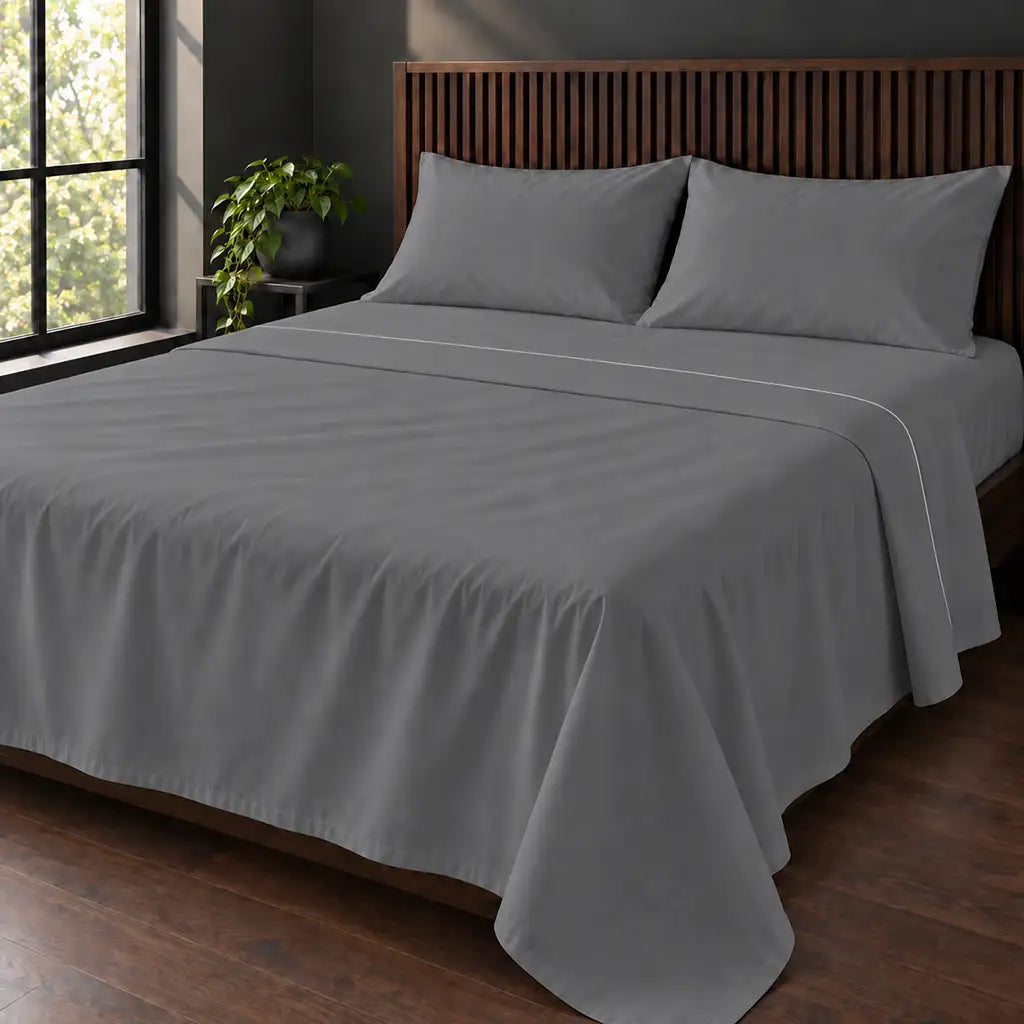 grey cotton percale 200tc flat sheet, one row white satin stitch — hero — Linen and Co