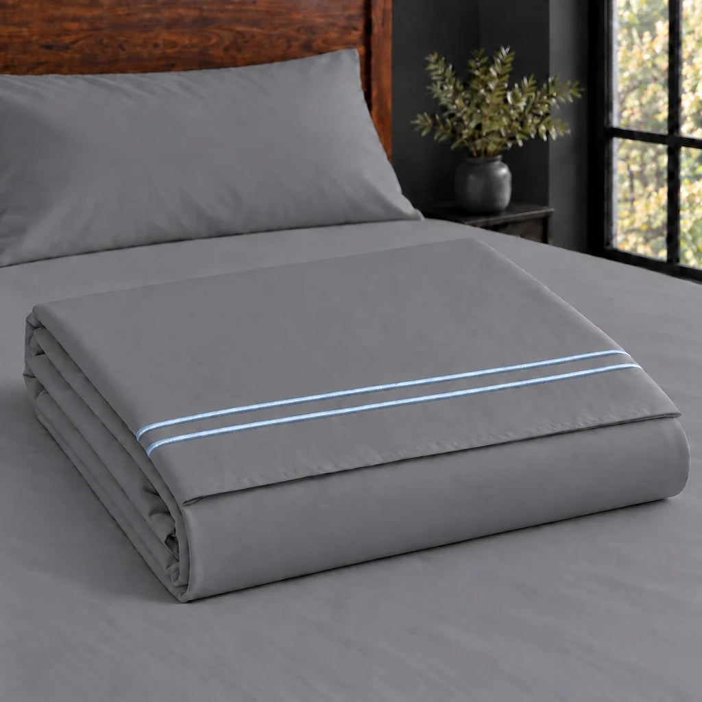 grey cotton percale 200tc flat sheet, two row duck egg satin stitch — construction — Linen and Co