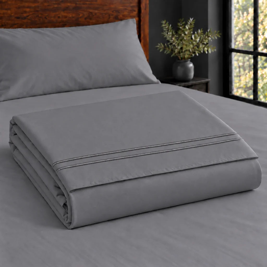 grey cotton percale 200tc flat sheet, two row grey satin stitch — construction — Linen and Co