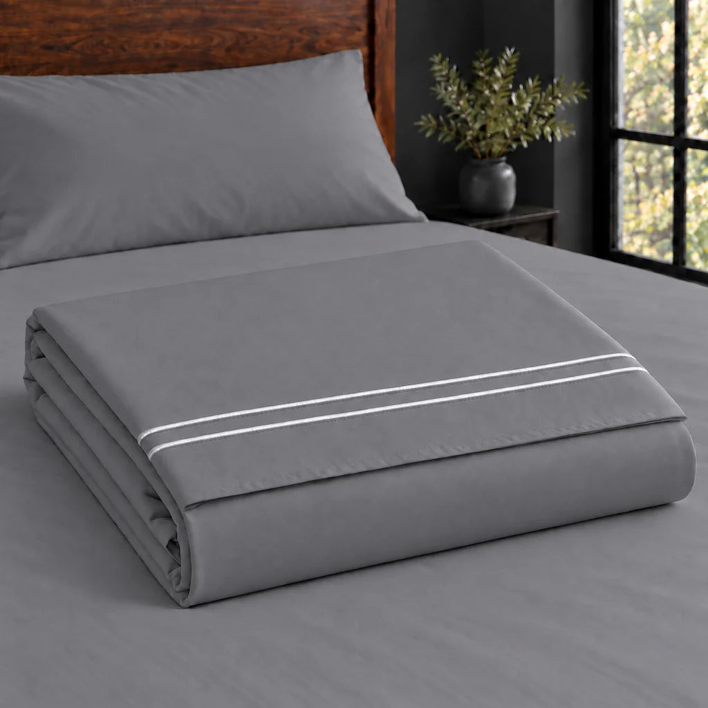 grey cotton percale 200tc flat sheet, two row white satin stitch — construction — Linen and Co
