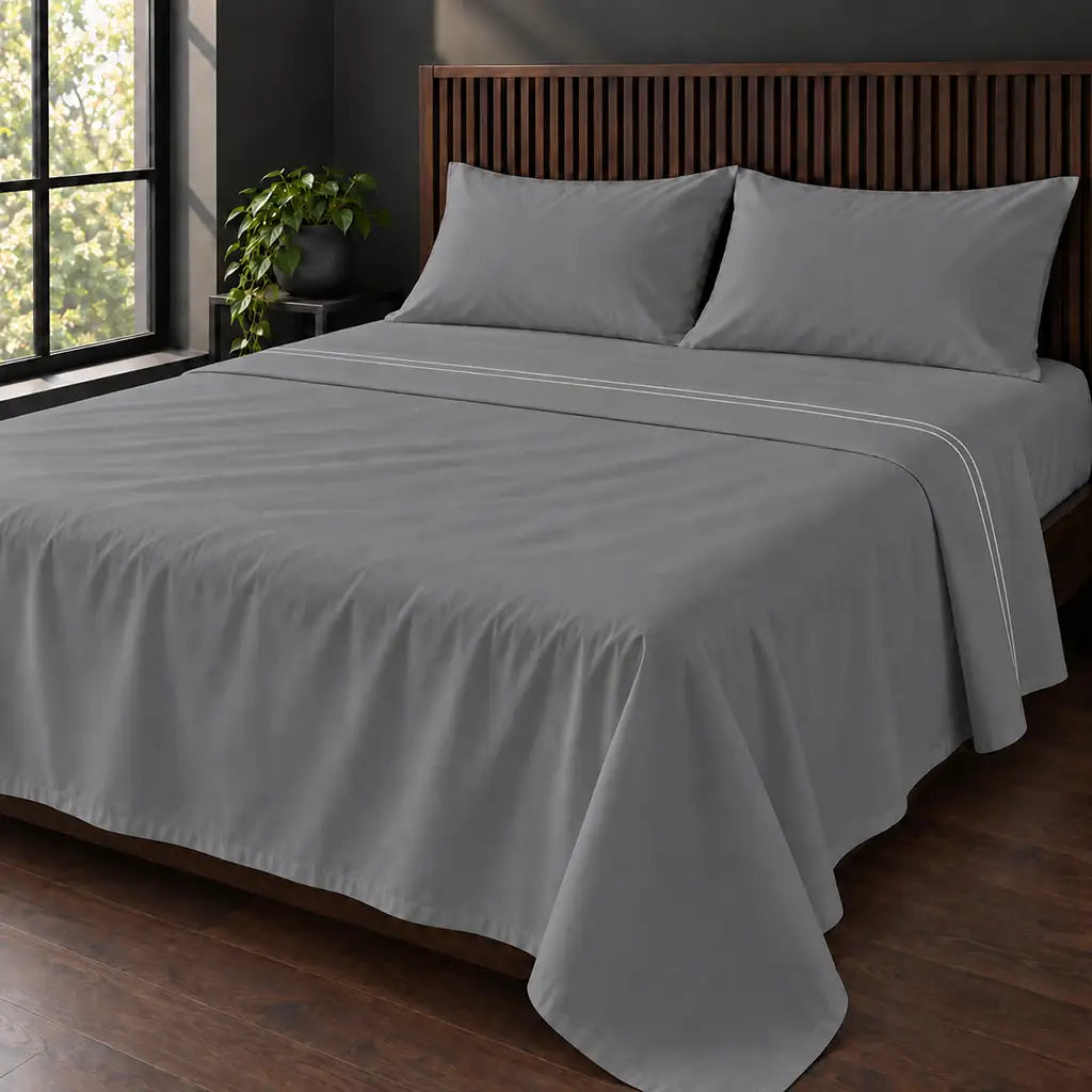 grey cotton percale 200tc flat sheet, two row white satin stitch — hero — Linen and Co