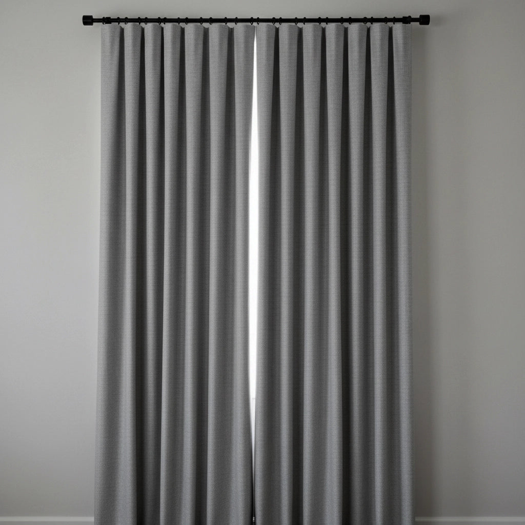 Grey pleated curtains on black rod by Linen and Co - custom sizing guide for luxury window treatments