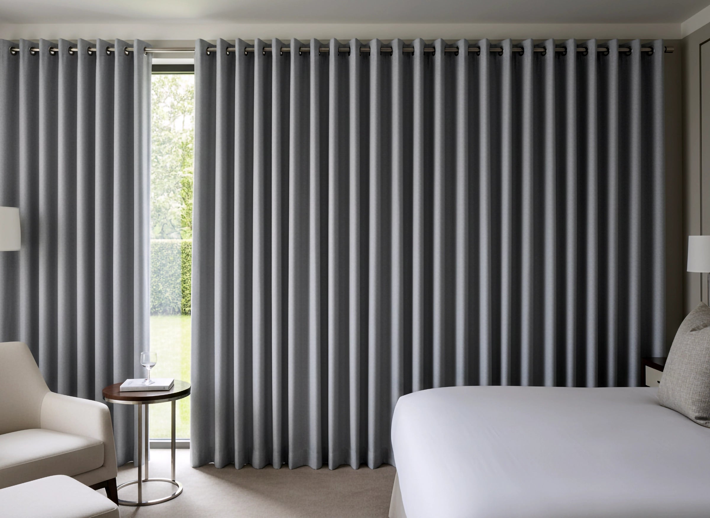 Grey eyelet curtains in a modern bedroom by Linen and Co - premium hospitality curtains for hotels and guest houses