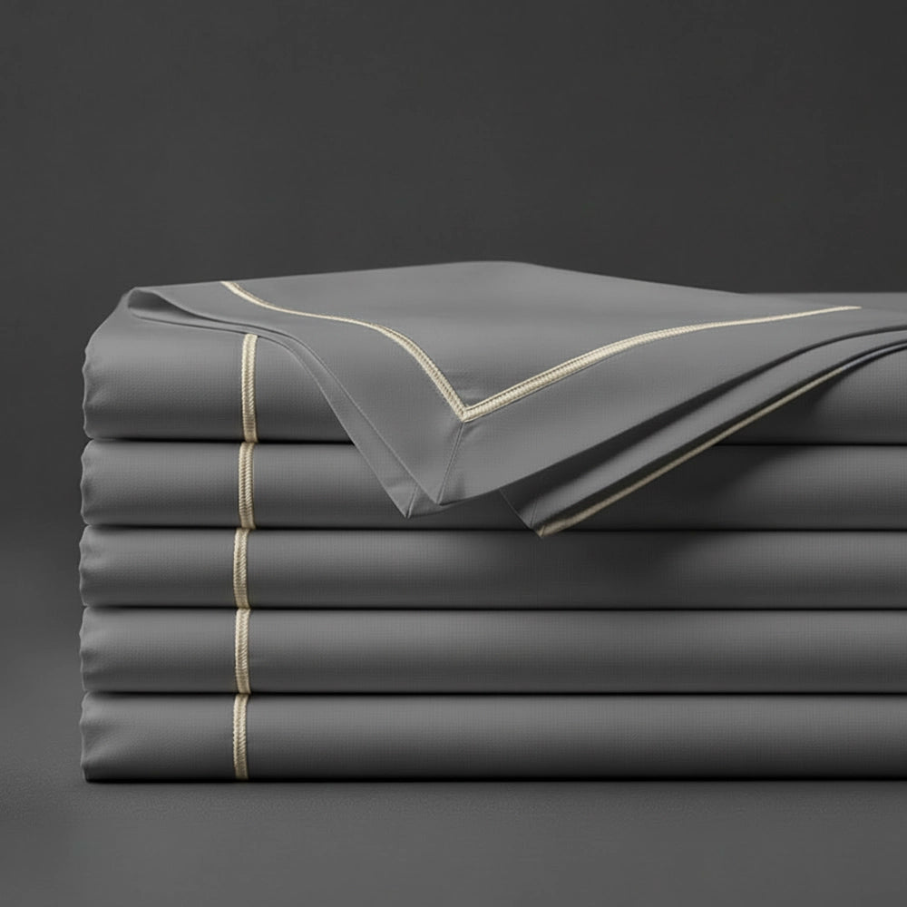 Grey Flat Sheet with Cream Satin Stitch by Linen and Co - premium bed linen