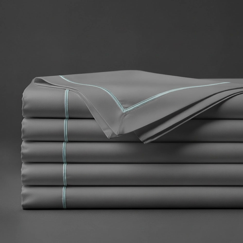Grey Flat Sheet with Duck Egg Satin Stitch by Linen and Co - premium bed linen
