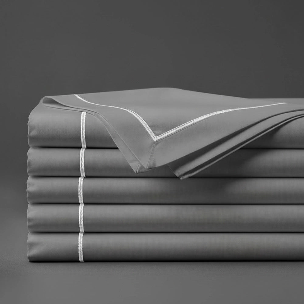 Grey Flat Sheet with White Satin Stitch by Linen and Co - premium bed linen