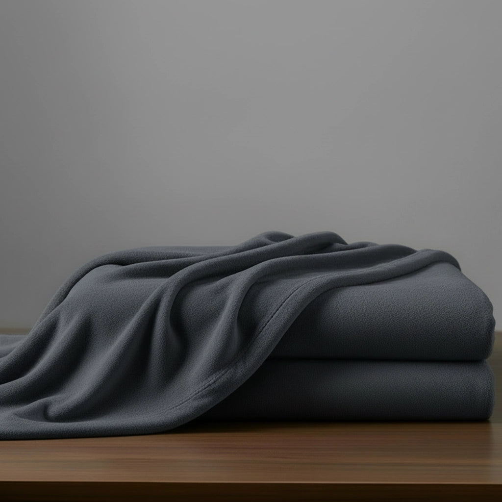 Grey microfibre blanket by Linen and Co, neatly folded to showcase soft, plush texture for hospitality and home.