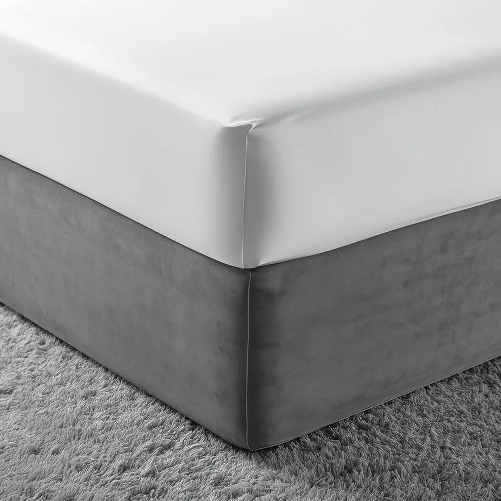  Linen and Co grey mock suede base wrap fitted to a bed base with a tailored finish