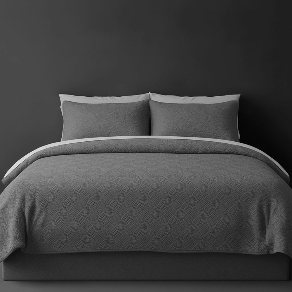 Grey Munich  bedspread on bed by Linen and Co - luxury hospitality bedspread with textured finish