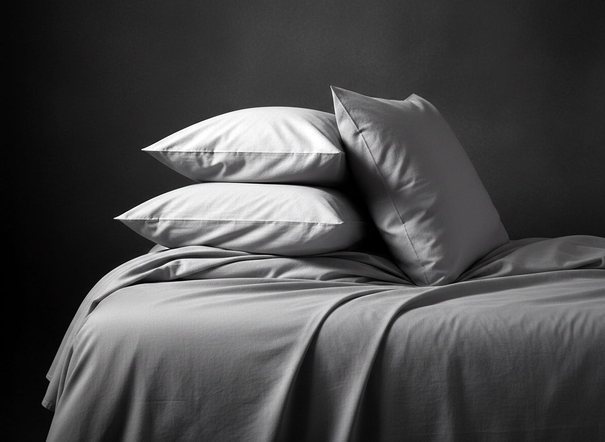 Grey percale bed linen set with pillows and duvet on bed by Linen and Co - luxury hospitality bedding collection