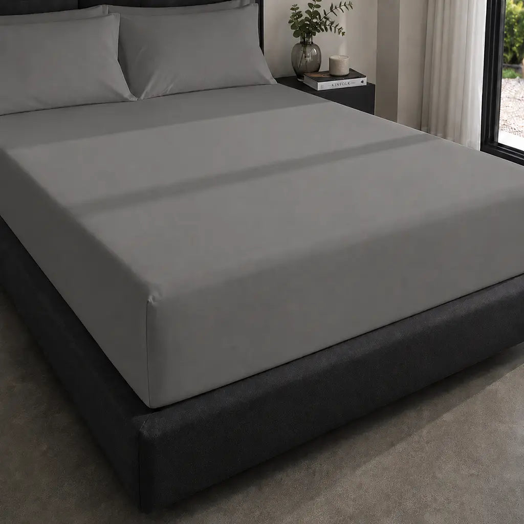 Grey Polycotton Percale 200TC Fitted Sheets on mattress - Linen and Co