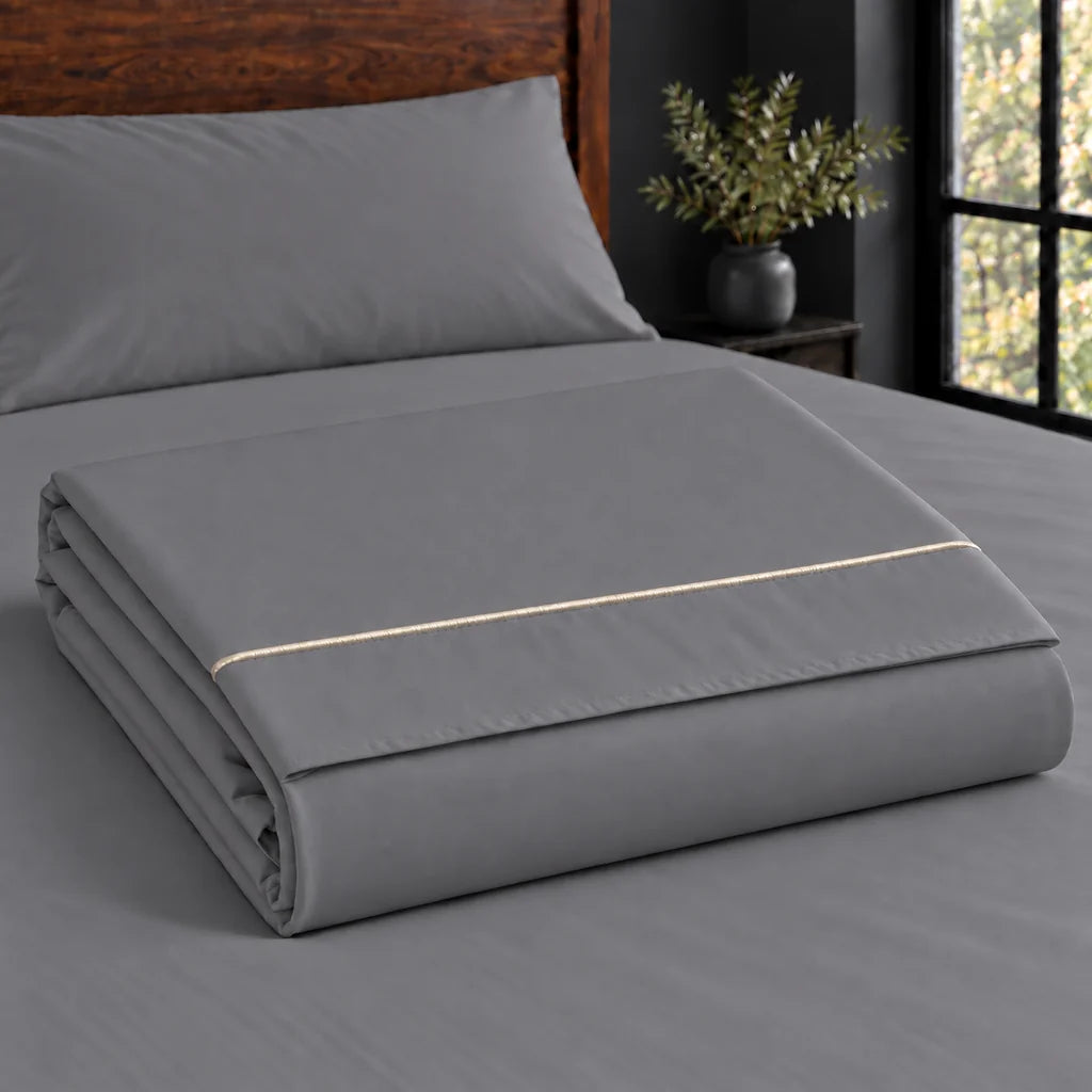 grey polycotton percale 200tc flat sheet, one row cream satin stitch — construction — Linen and Co