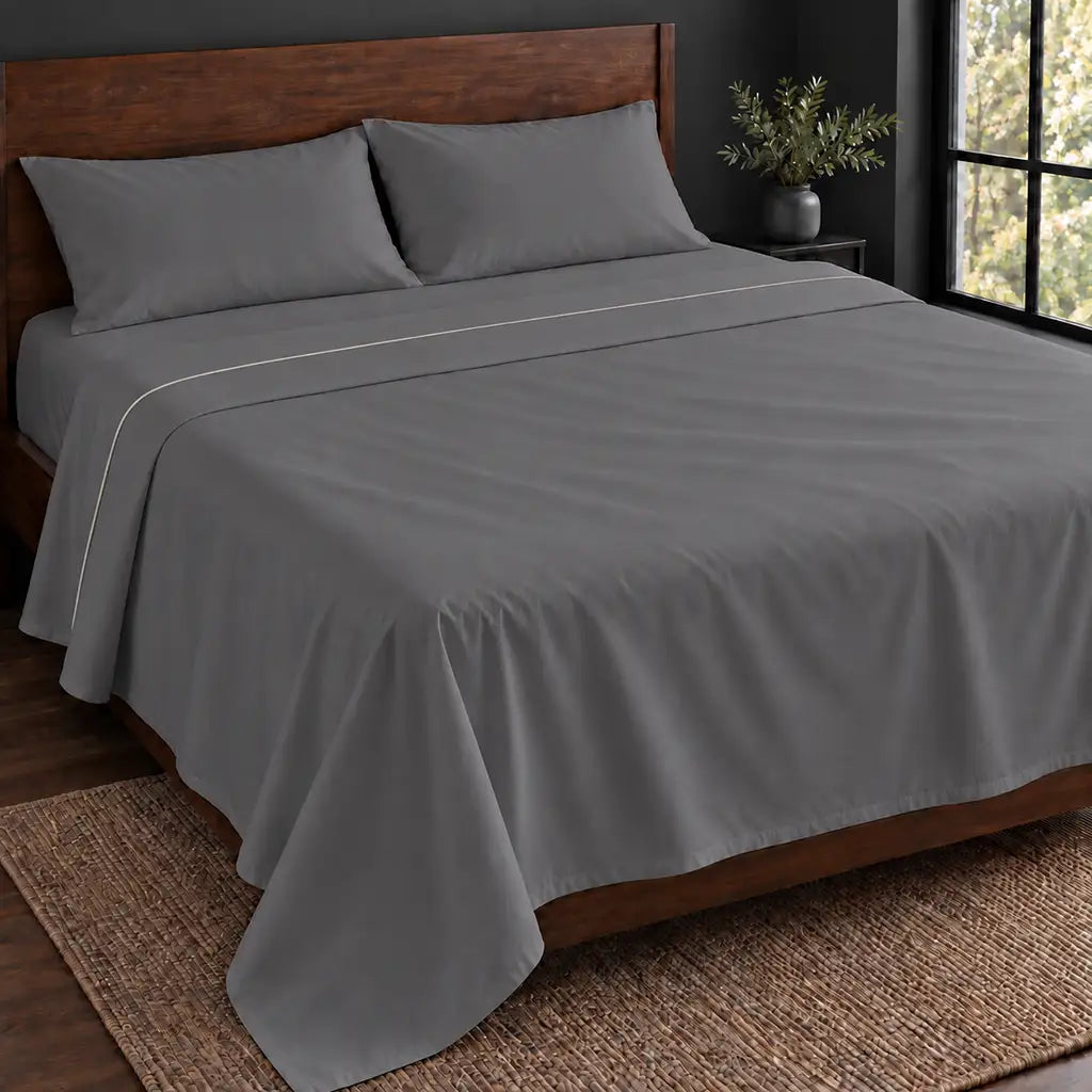 grey polycotton percale 200tc flat sheet, one row cream satin stitch — hero — Linen and Co