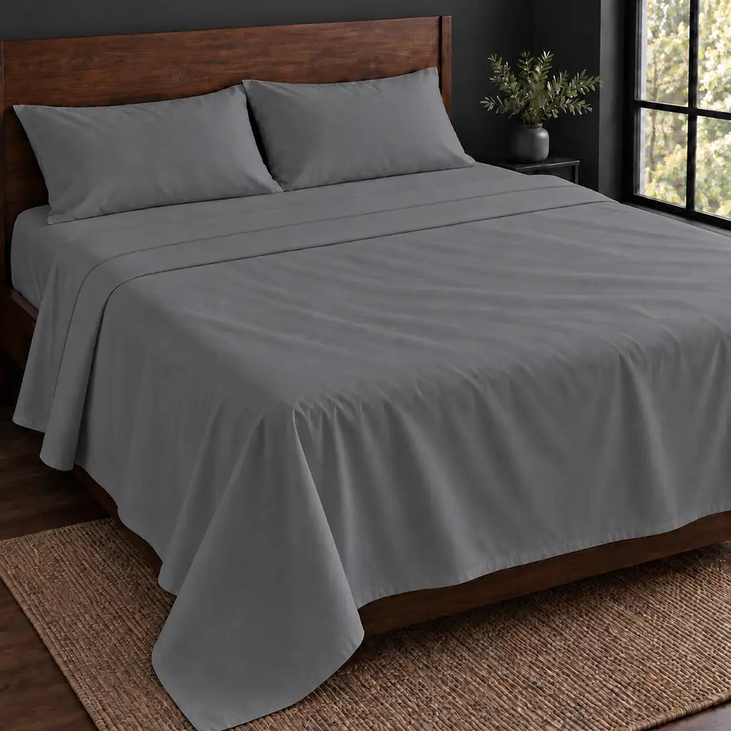 grey polycotton percale 200tc flat sheet, one row grey satin stitch — hero — Linen and Co