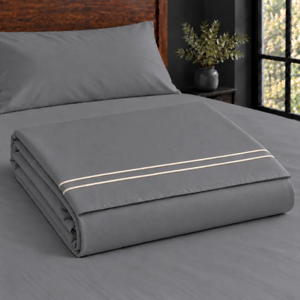 grey polycotton percale 200tc flat sheet, two row cream satin stitch — construction — Linen and Co