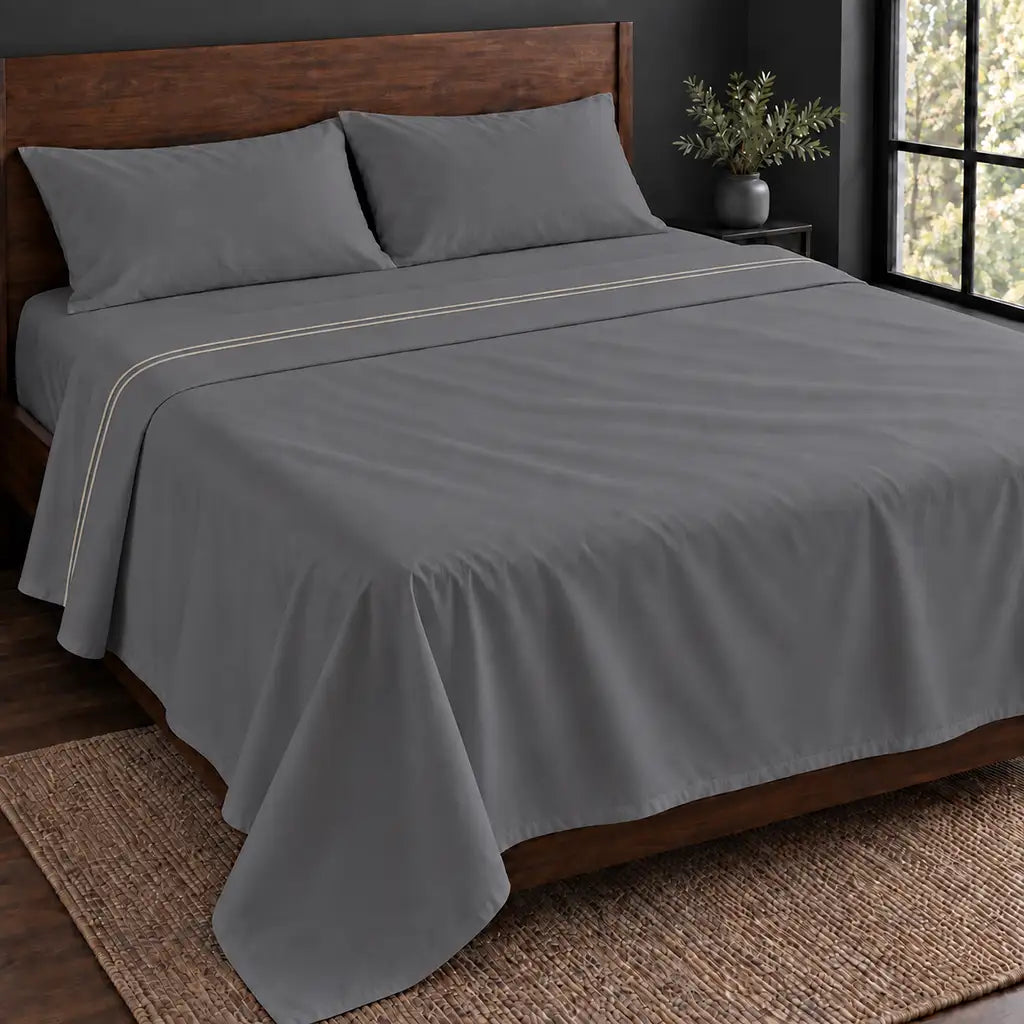 grey polycotton percale 200tc flat sheet, two row cream satin stitch — hero — Linen and Co