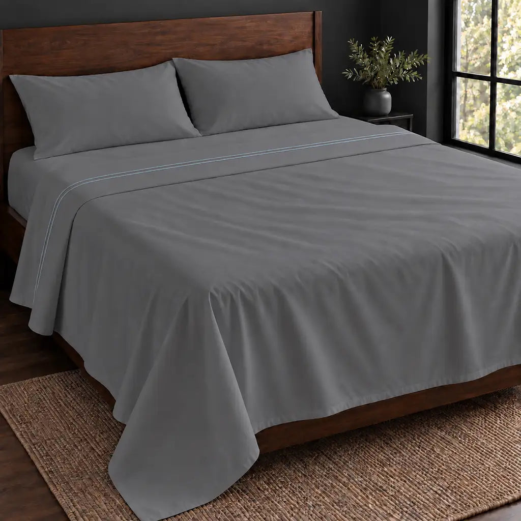 grey polycotton percale 200tc flat sheet, two row duck egg satin stitch — hero — Linen and Co