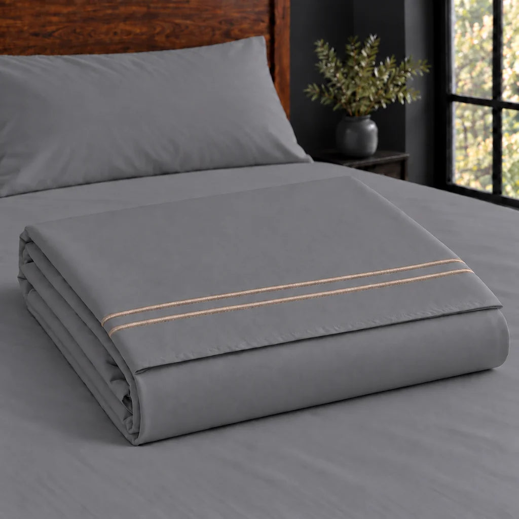 grey polycotton percale 200tc flat sheet, two row stone satin stitch — construction — Linen and Co