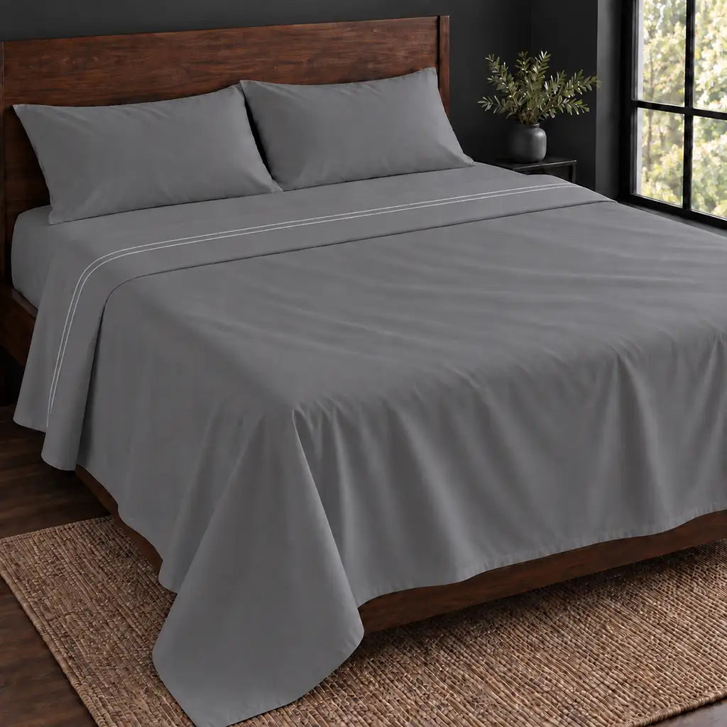 grey polycotton percale 200tc flat sheet, two row white satin stitch — hero — Linen and Co