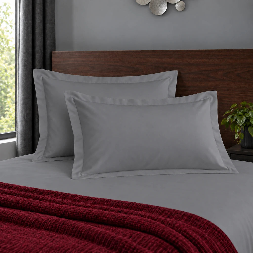 Oxford grey 200TC polycotton percale pillowcases with no satin stitch border by Linen and Co