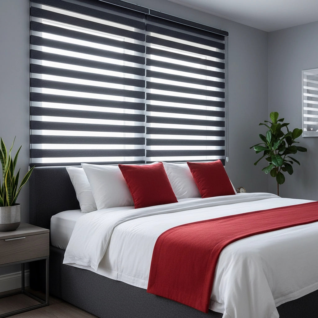 Modern bedroom with grey zebra blinds, white bedding, and red accents, designed for light control and privacy by Linen and Co
