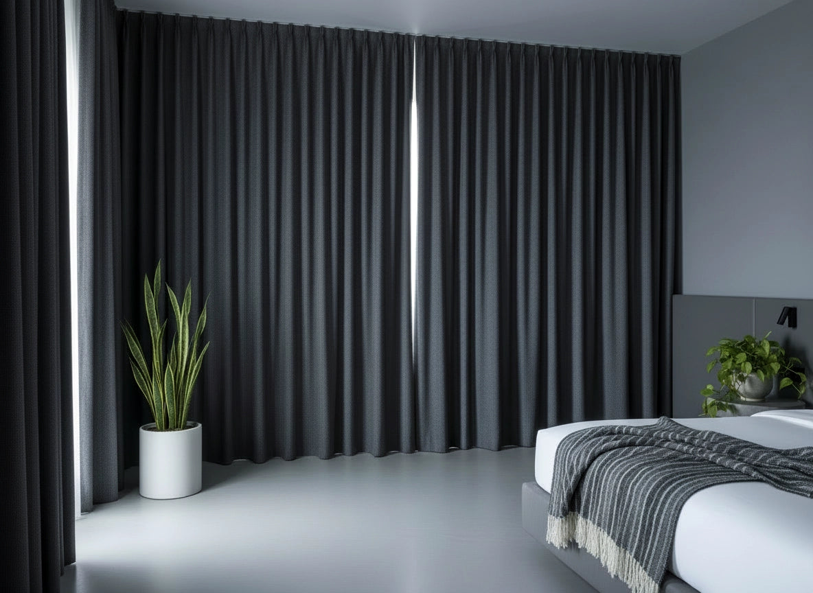 Hotel bedroom with dark blockout curtains by Linen and Co, showcasing premium window treatments for hospitality and residential use.