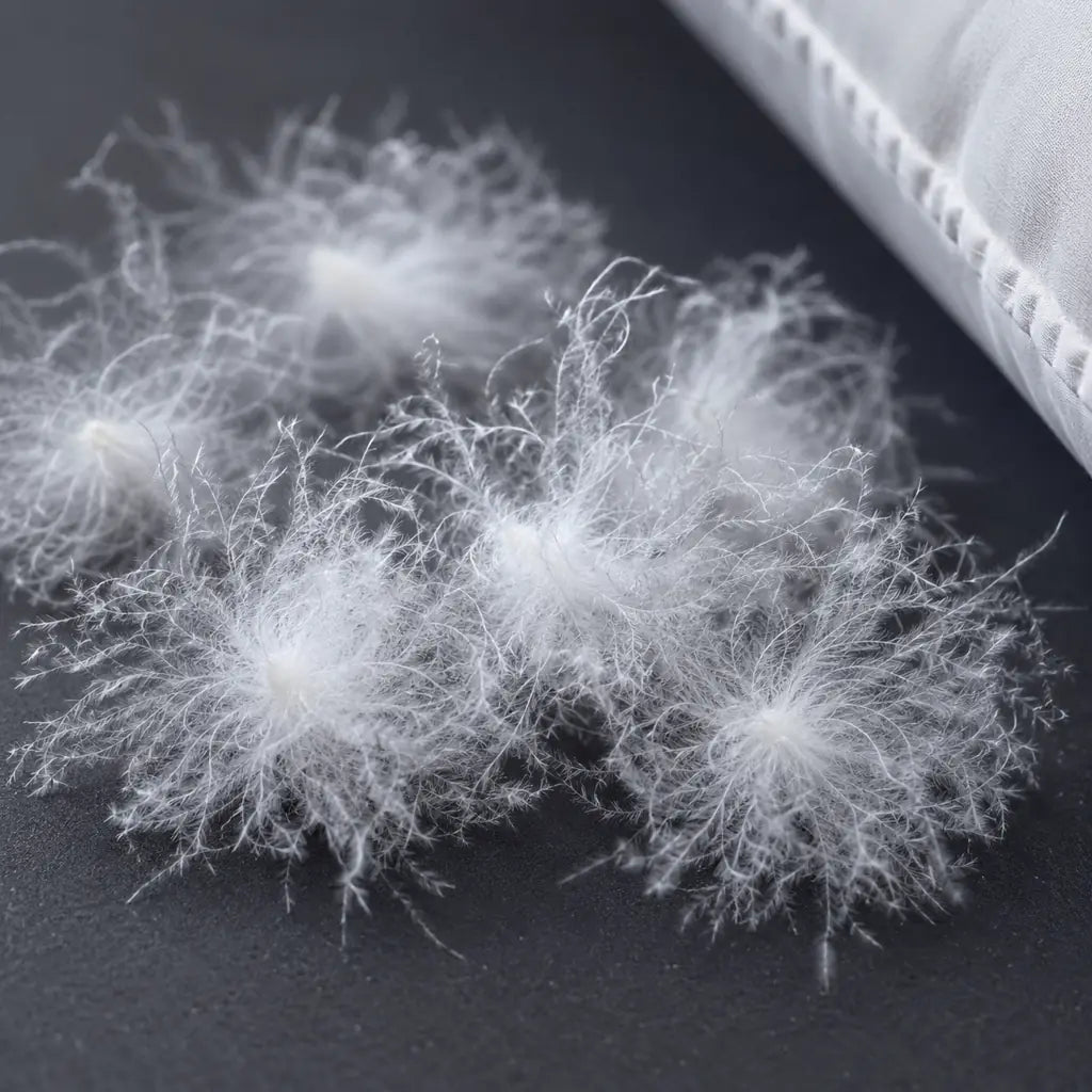 Natural goose down clusters beside the white cotton duvet shell
