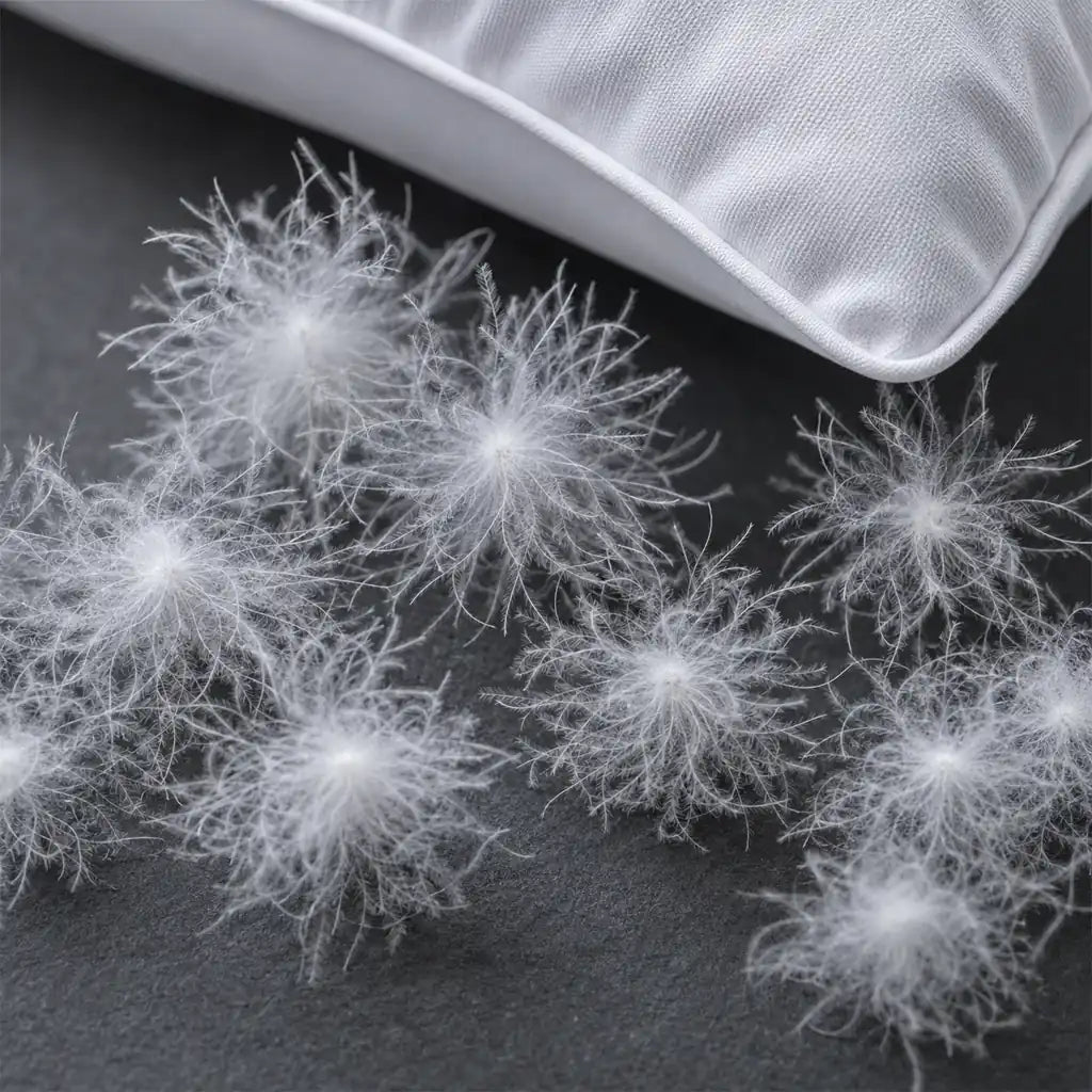 Natural Hungarian goose down clusters beside a white cotton pillow shell