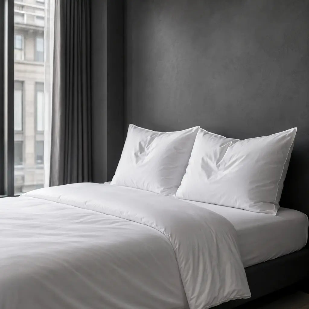 Hungarian Goose Down Pillows styled in a cool grey boutique hotel bedroom