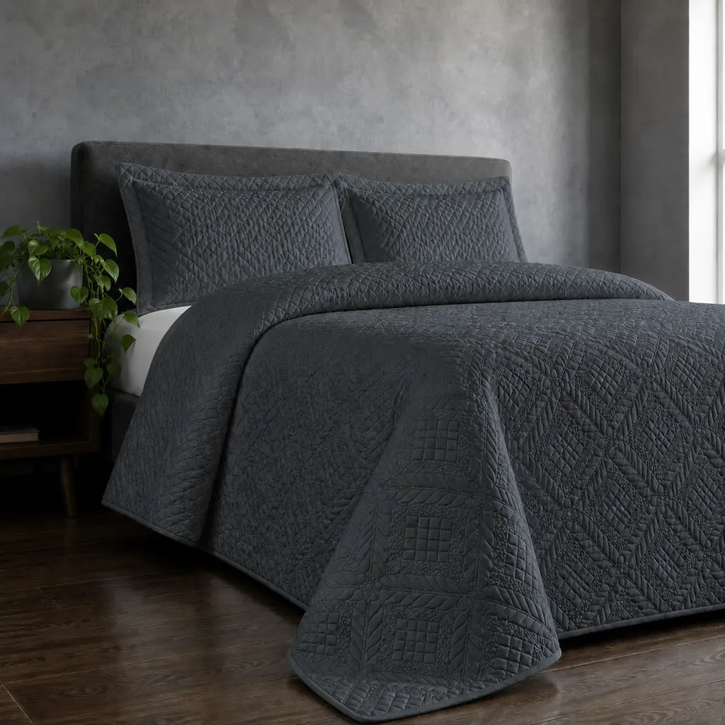 Charcoal Grey Istanbul Quilted Bedspread Set - Hero room view