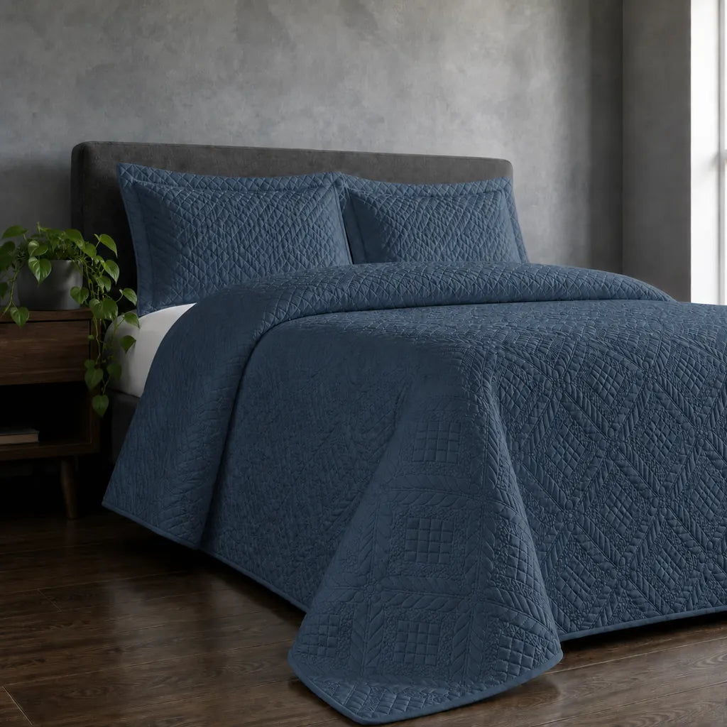 Denim Blue Istanbul Quilted Bedspread Set - Hero room view