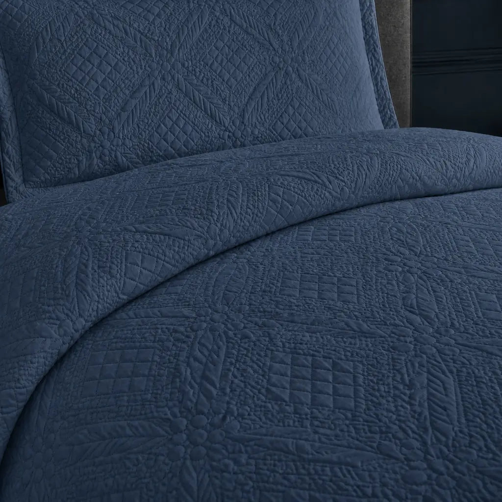 Denim Blue Istanbul Quilted Bedspread Set - Close-up detail